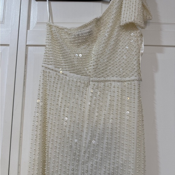 NWT | Mac Duggal 93735 White Pearl Soft Tie One Shoulder Gown Size 10 - Picture 9 of 14